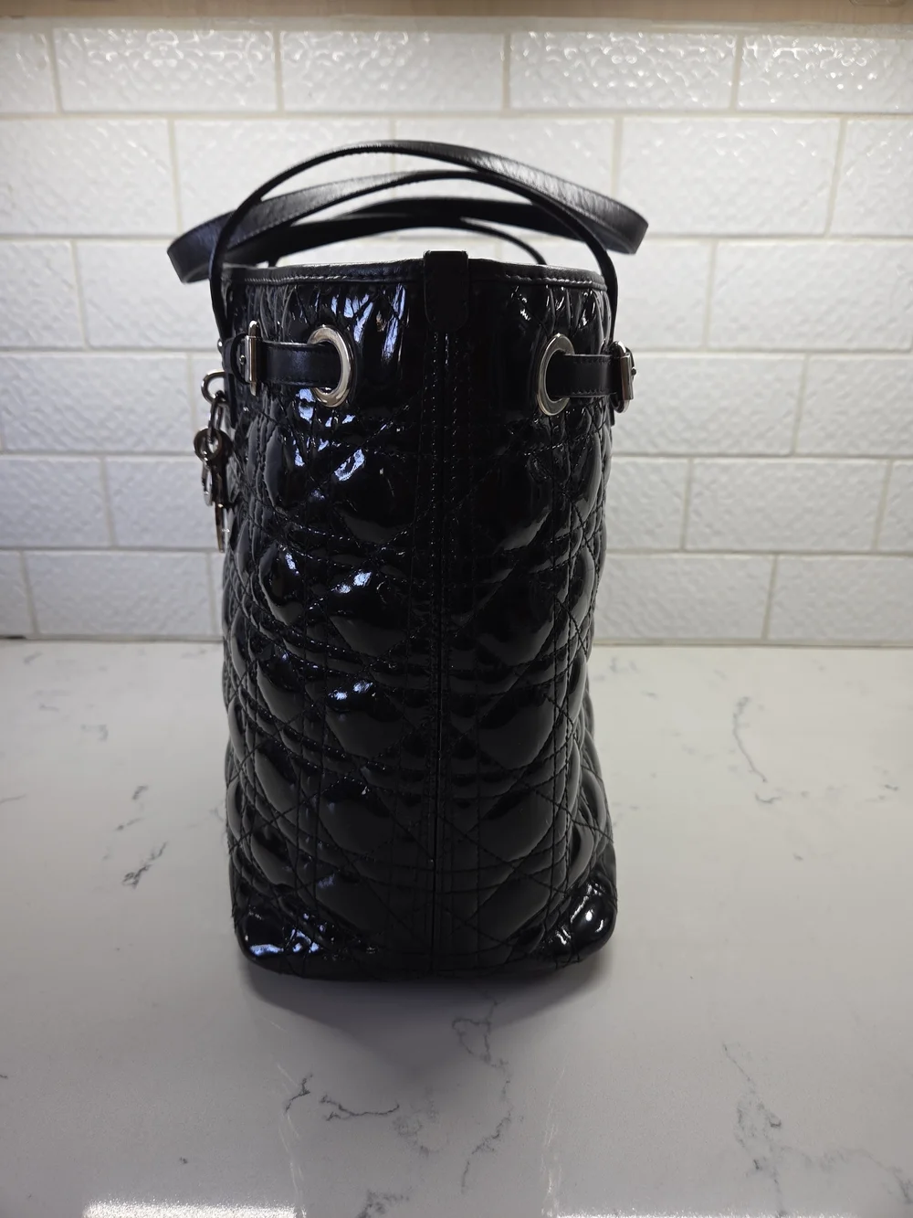 Christian Dior Black Quilted Patent Leather Panarea Medium Tote Bag + COA